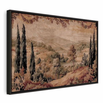 Mediterranean landscape old – svart ram. Smala träd och mjuka kullar breder ut sig i ett landskap i varmt bruna och grönaktiga toner.
