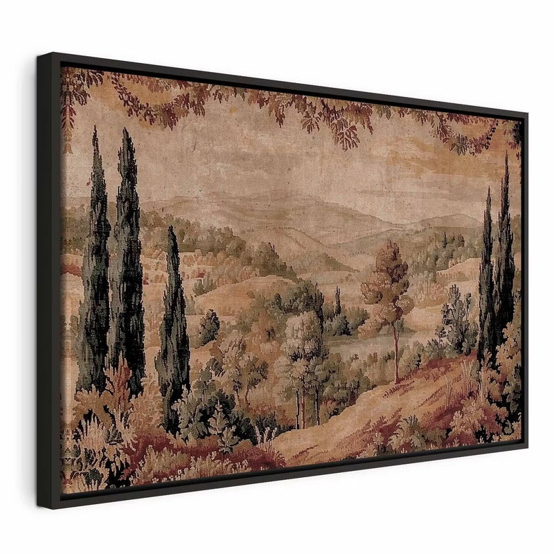 Mediterranean landscape old – svart ram. Smala träd och mjuka kullar breder ut sig i ett landskap i varmt bruna och grönaktiga toner.
