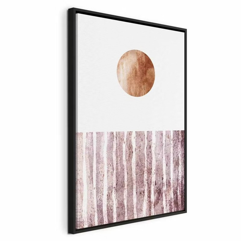 Harmony and rhythm vertical – svart ram. En liten kopparfärgad cirkel ligger ovan ett fält med lodräta, dämpat rosa och vita linjer.