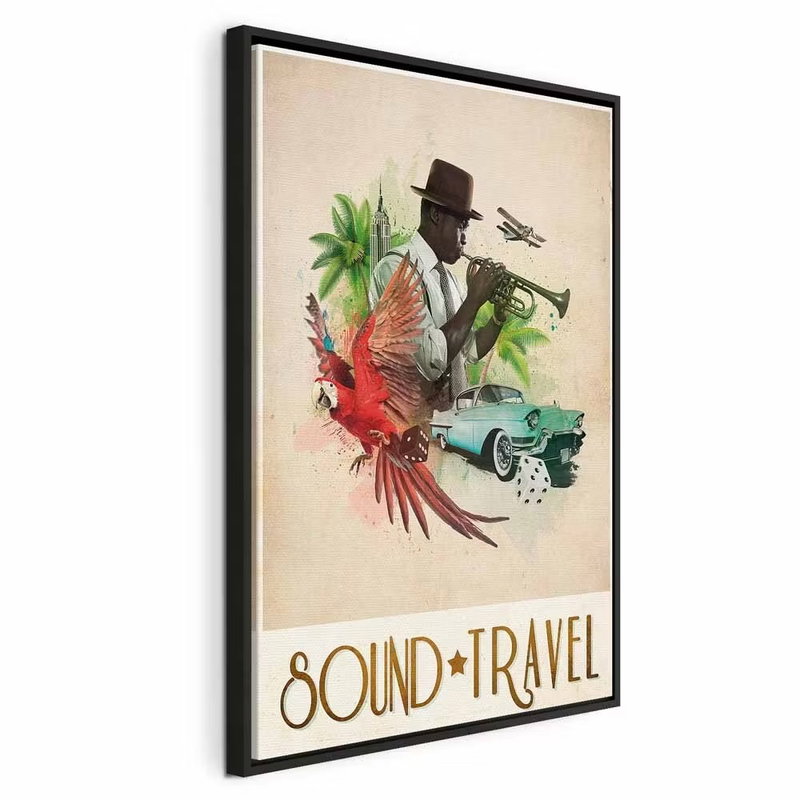 Sound travel vertical – svart ram. En trumpetspelare med hatt omges av en röd fågel, gröna växter, en bil och tryckt typografi i ett illustrerat collage.