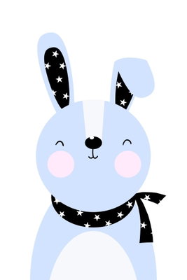 Brave rabbit vertical – motivvy. En tecknad ljusblå kanin med rosa kinder bär en svart, stjärnmönstrad halsduk på vit botten.