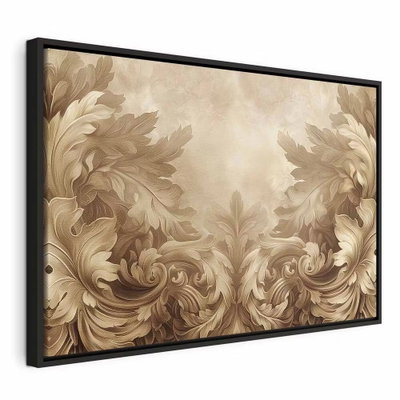 Carved baroque ornaments – svart ram. Stora, ljusbruna bladformer svänger symmetriskt runt en ljus mitt. Den snidade reliefkänslan hör till tryckmotivet.