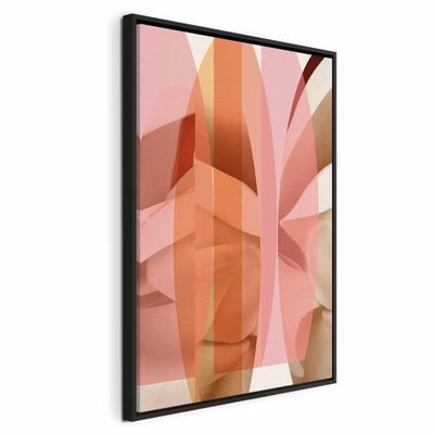 Floral kaleidoscope vertical – svart ram. Raka och rundade, delvis överlappande former skapar ett stående mönster i rosa, orange, brunt och crème.