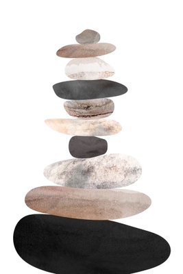 The art of balance – motivvy. Rundade stenliknande former i rosa, grått och svart ligger staplade ovanpå varandra mot en ljus botten.