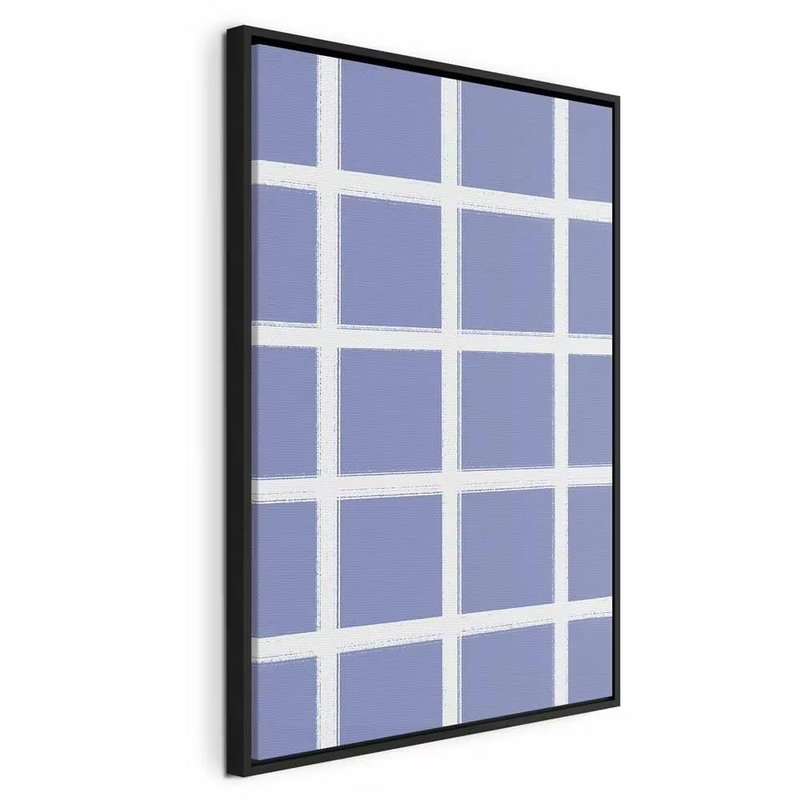Lines and symmetry – svart ram. Ett rakt vitt rutnät delar in en jämn, blåviolett bildyta i återkommande rektanglar.