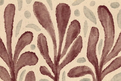 Leaves and spots large – motivvy. Stora rostfärgade bladliknande former och runda fläckar bildar ett mönster på beige botten.