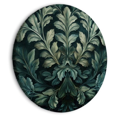 Rund motivvy för Dark green victorian leaves: Stora grönblå blad med böjda spetsar ligger tätt mot en nästan svart bakgrund.
