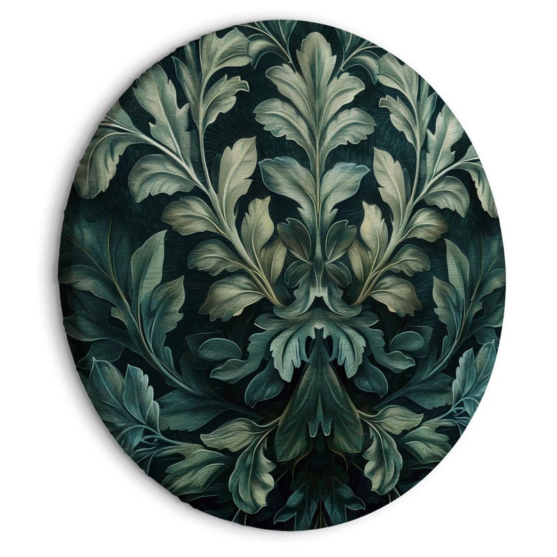 Rund motivvy för Dark green victorian leaves: Stora grönblå blad med böjda spetsar ligger tätt mot en nästan svart bakgrund.