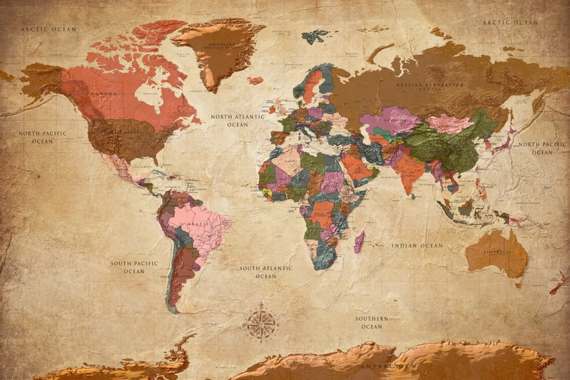 World map brown elegance: Bruna, gröna och rosa länder återges på en varm bakgrund med ett åldrat pappersuttryck.