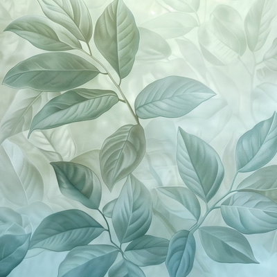 Kvadratisk motivförlaga för Large leaves in shades: Breda blad i grönt och turkost överlappar varandra mot en ljus botten.