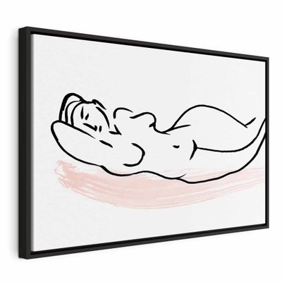 Sunbathing wide – svart ram. En liggande figur tecknas med få svarta konturer över ett blekt rosa penselstråk på vitt.