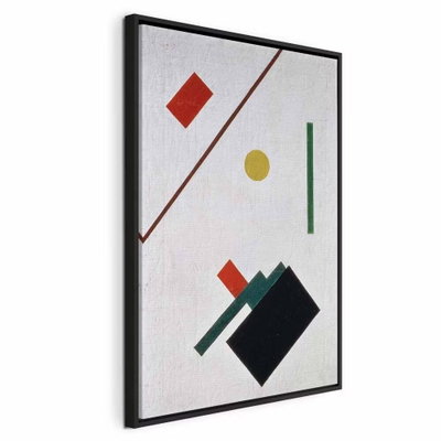 Kazimir malevich suprematist – svart ram. Små röda, gröna, gula och svarta former möter en tunn diagonal linje på en ljus botten.