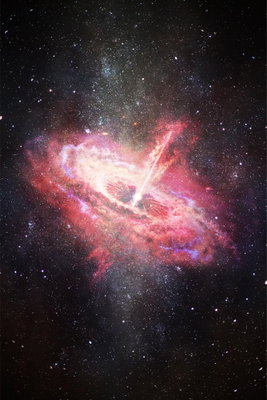 Lonely galaxy vertical – motivvy. En lysande rosa galaxliknande form omges av många små stjärnor på en mörk bakgrund.