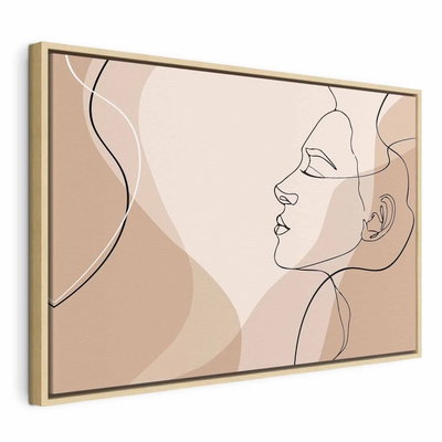 Feminine line – naturfärgad ram. En kvinnoprofil tecknas med tunna svarta linjer över mjuka beige, bruna och ljust rosa färgfält.