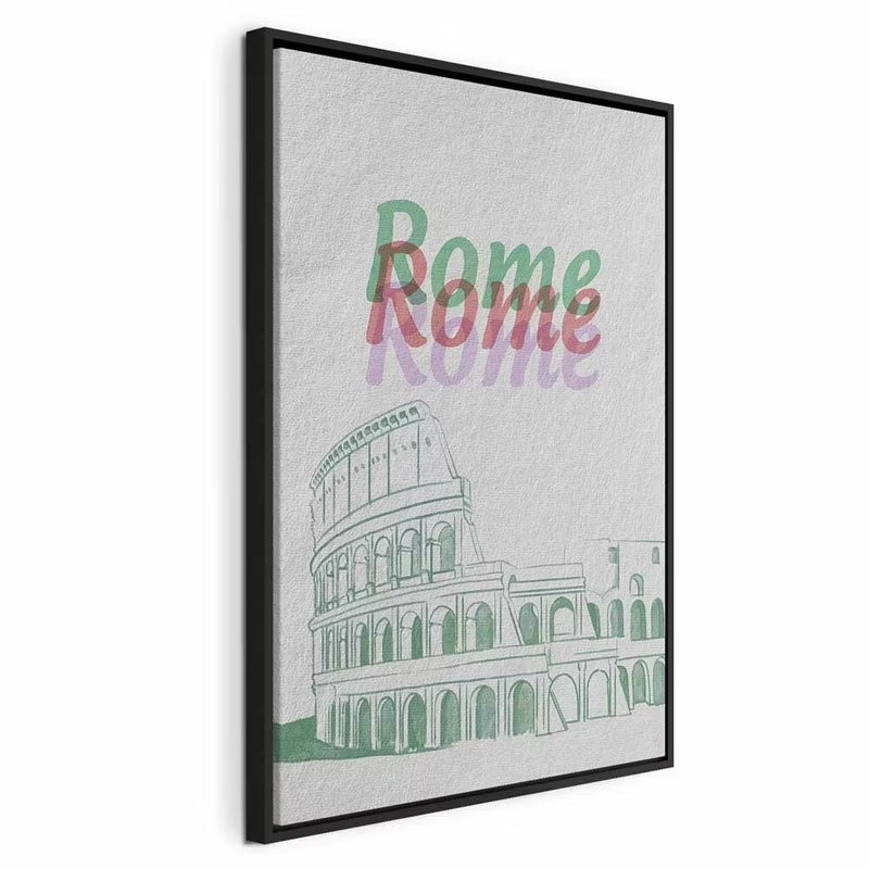 Rome in watercolours – svart ram. En grön linjeteckning av Colosseum möter färgade ord med namnet Rome på en ljus botten.