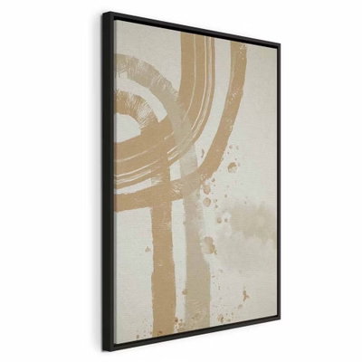 Beige minimalism vertical – svart ram. Breda, gulbeige cirkelbågar och lodräta penselspår ligger över en ljus och sliten bakgrund.