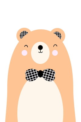 Teddy bear in bow tie – motivvy. En ljusbrun illustrerad nalle bär en svartmönstrad fluga mot en vit bakgrund.