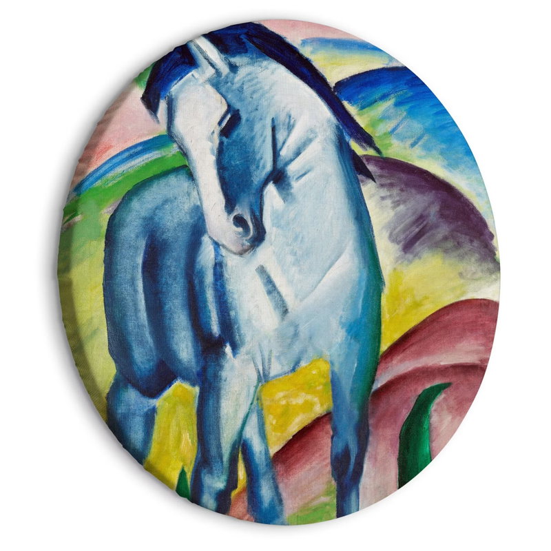 Rund motivvy för Franz marc - blue horse: En blå häst står med böjt huvud framför rundade färgfält i grönt, gult, rosa och blått.