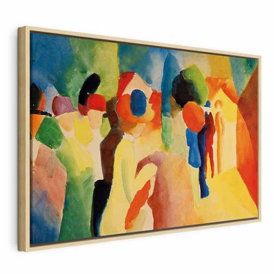 August macke with a yellow – naturfärgad ram. Förenklade människogestalter och stora runda former möts i starka gula, orange, blå, gröna och rosa fält.