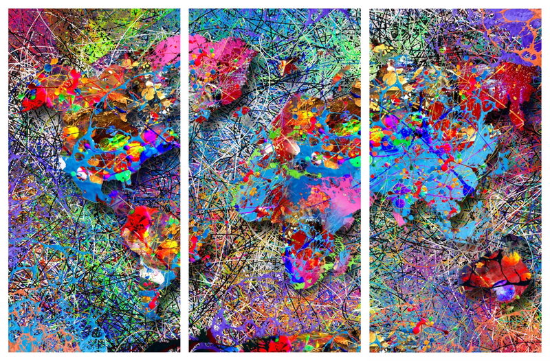 Colourful whirl: Ett tätt nät av röda, blå, gula och gröna linjer fyller världskartans former och bakgrund över tre bilddelar.