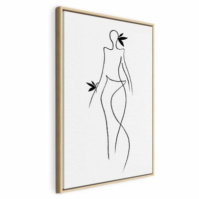 Exotic dance vertical – naturfärgad ram. En kvinnlig figur återges med få tunna svarta linjer och små bladliknande detaljer på vit botten.