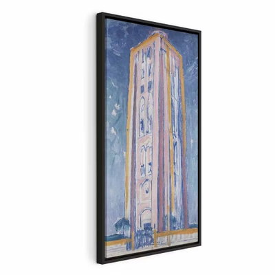 Piet mondrian lighthouse – svart ram. Ett högt, smalt torn återges i ljusa gula och rosa penseldrag mot en blå himmel.