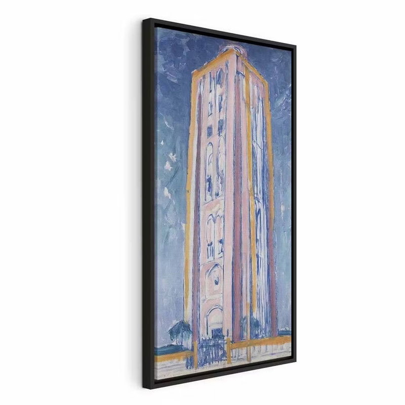 Piet mondrian lighthouse – svart ram. Ett högt, smalt torn återges i ljusa gula och rosa penseldrag mot en blå himmel.