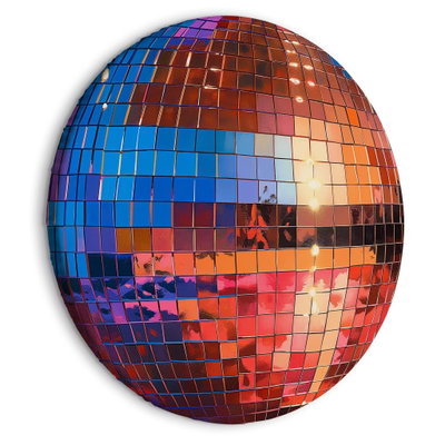 Rund motivvy för Old gold disco ball: En discokula i koppar- och guldtoner fångar blå och röda färgfält mot en varm bakgrund.