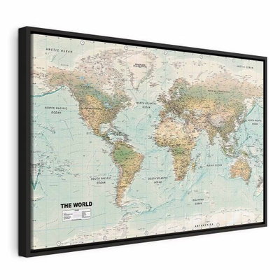 World map beautiful world – svart ram. Beigefärgade landytor möter en blekt turkos, sliten bakgrund med små kartdetaljer.