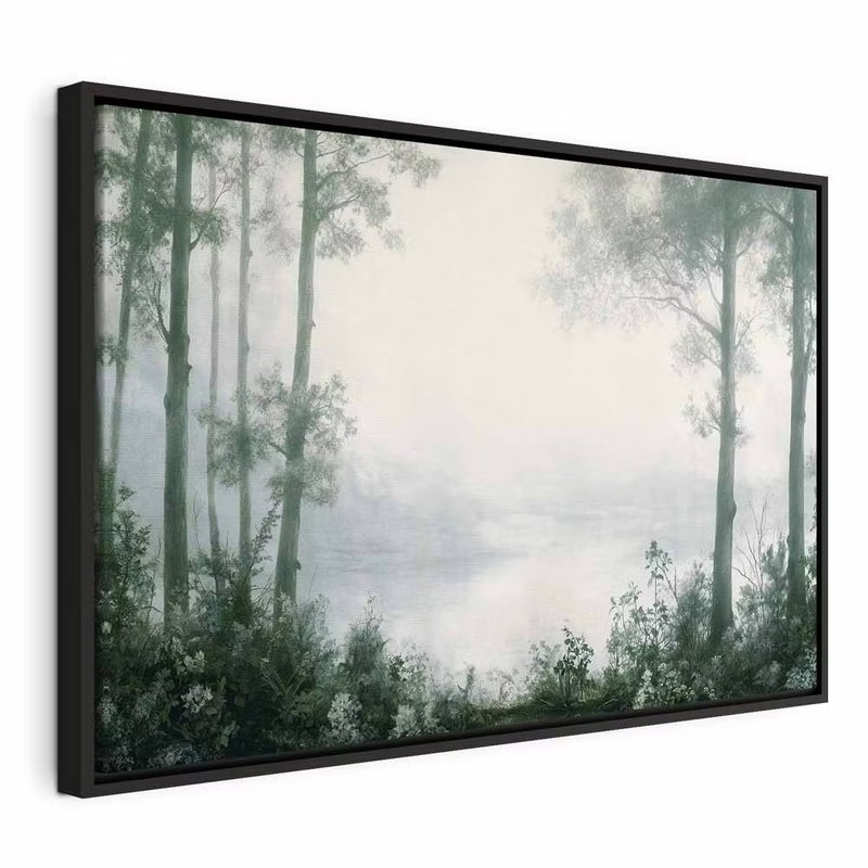 Retro landscape grove trees – svart ram. Gröna träd och buskar ramar in ett stilla, ljust vattenparti med dimma längre bort.