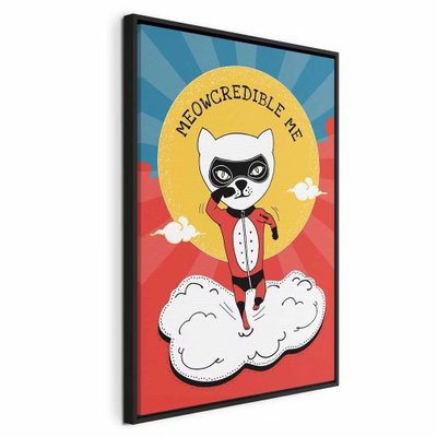 Dear cat vertical – svart ram. En liten maskerad katt med röd mantel svävar ovan ett vitt moln framför röda och blå strålar och gul text.