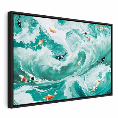 Fish and waves – svart ram. Små orange, vita och svarttecknade fiskar simmar genom stora, skummande vågor i turkost och vitt.