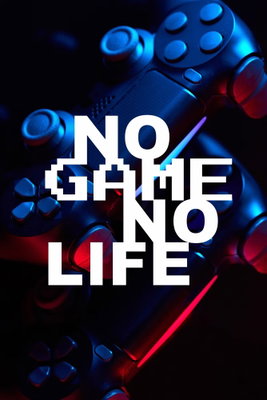 Game life vertical – motivvy. Vita bokstäver med orden NO GAME NO LIFE ligger över mörka spelkontroller i blått och rött ljus.