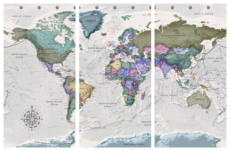 World destinations: Grågröna, blå och rosa länder bildar en detaljerad världskarta över tre stående motivdelar.