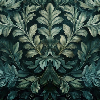 Kvadratisk motivförlaga för Dark green victorian leaves: Stora grönblå blad med böjda spetsar ligger tätt mot en nästan svart bakgrund.