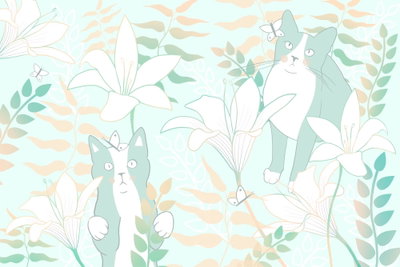 Cat matters wide third – motivvy. Gråvita katter och små fjärilar omges av blekt gröna, turkosa och gula blad och vita blommor.