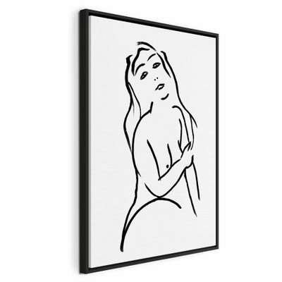 Passionate touch vertical – svart ram. En kvinnlig figur med långt hår tecknas med få svarta konturer mot en vit bakgrund.