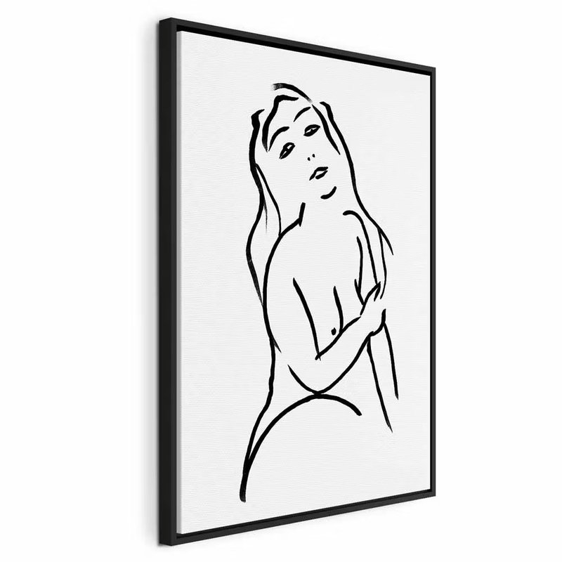 Passionate touch vertical – svart ram. En kvinnlig figur med långt hår tecknas med få svarta konturer mot en vit bakgrund.