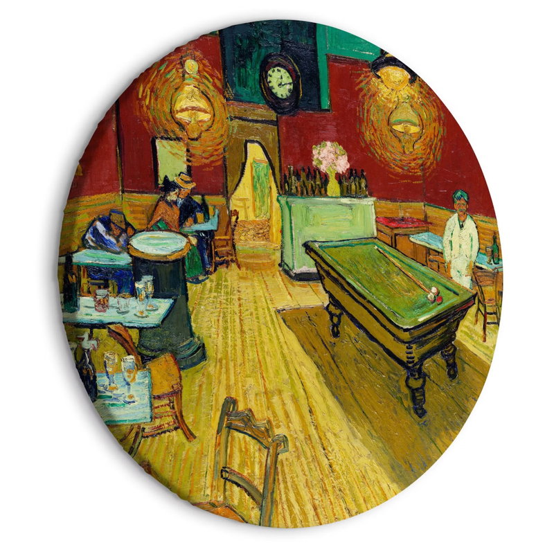 Rund motivvisning af Vincent van Gogh - The night: Et grønt billardbord står i et caféinteriør med røde vægge, gule lamper og et langt trægulv.