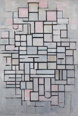 Piet mondrian composition iv – motivvy. Tunna mörka linjer delar upp ljusgrå och blekt rosa rektanglar i ett oregelbundet rutnät.