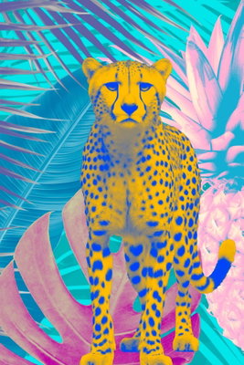 Exotic leopard colorful – motivvy. En gul, fläckig leopard sitter framför rosa och turkosa tropiska blad i en färgstark illustration.