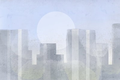 Modern city wide first – motivvy. Ljusa rektangulära byggnadsformer ligger framför en vit cirkel på en blågrå bakgrund.