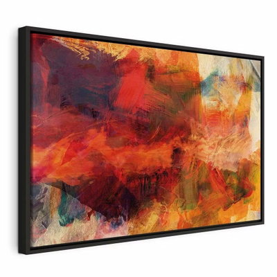 Explosion of wild colors – svart ram. Rött, orange, ockra och mörka partier överlappar varandra i en bred, målerisk komposition.