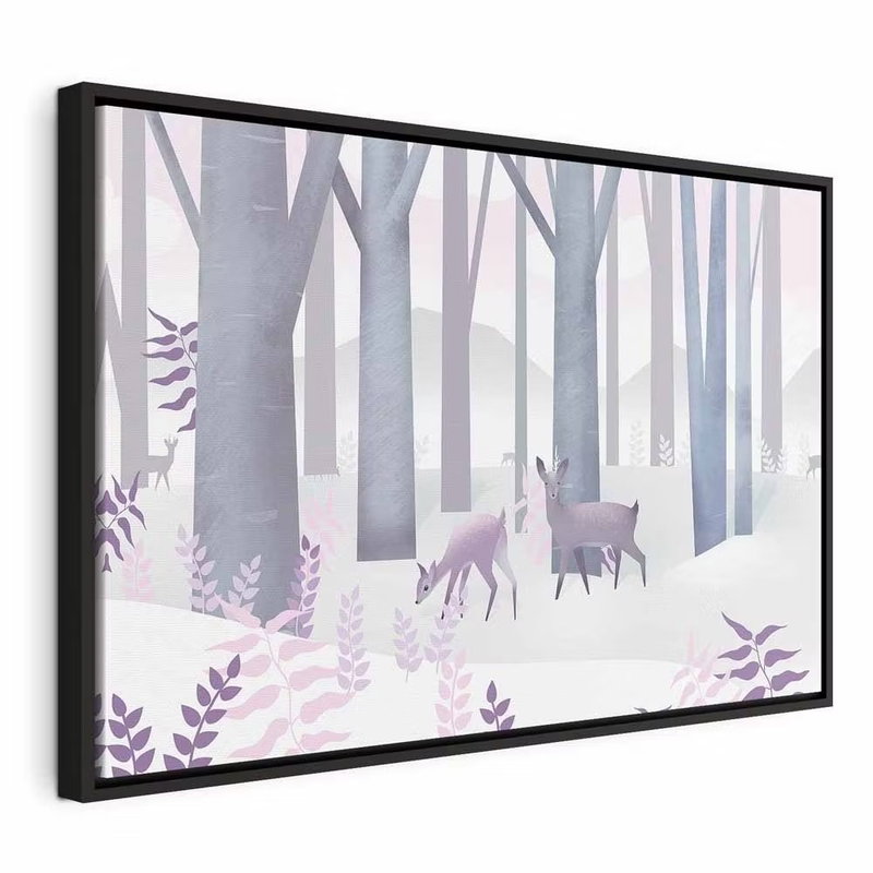 Fairy tale forest vertical – svart ram. Två stiliserade hjortdjur möts bland höga gråvioletta träd och ljusa, snöliknande kullar.
