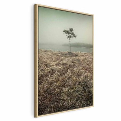 At the lake shore vertical – naturfärgad ram. Ett litet ensamt träd står i ett brunt gräsfält framför en dimmig sjö och en blek grågrön himmel.