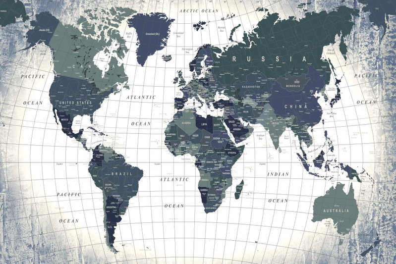 Structure of the world: Mörkgrå kontinenter, ortnamn och ett fint koordinatnät bildar en kontrastrik karta på en ljus botten.