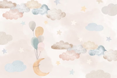Fairy tale moon pastel moon – motivvy. Små moln, stjärnor, färgade ballonger och en månskära sprids över en mjukt rosabeige bakgrund.
