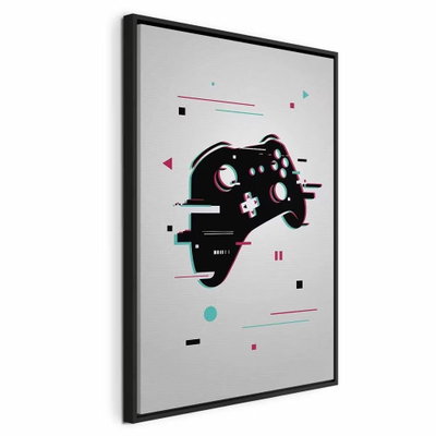 Cyberpad – svart ram. En svart spelkontroll omges av små rosa, turkosa och svarta linjer och geometriska detaljer på grå botten.