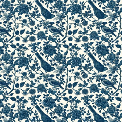 Kvadratisk motivförlaga för Birds and roses: Mörkblå fåglar, rosor och slingrande bladverk bildar ett tätt mönster mot en ljus botten.