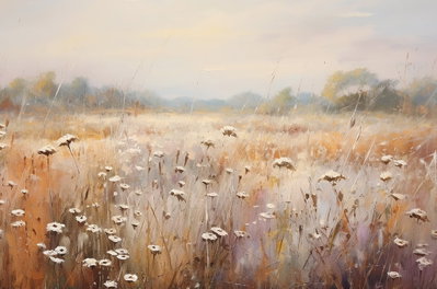 Impressionist meadow field – motivvy. Små ljusa blommor och tunna stjälkar breder ut sig över en äng i varma beige och ockrafärgade toner.